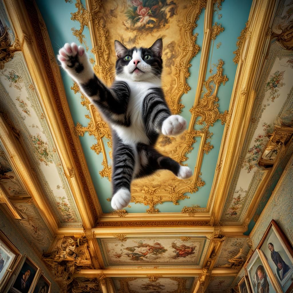 Humorous Cat Walks on Ceiling in Upside-Down Room