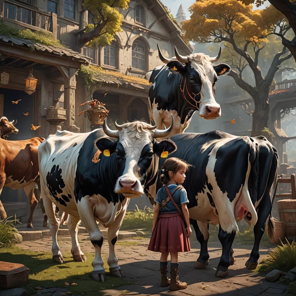 Cow-like Girl at School: Detailed Matte Painting