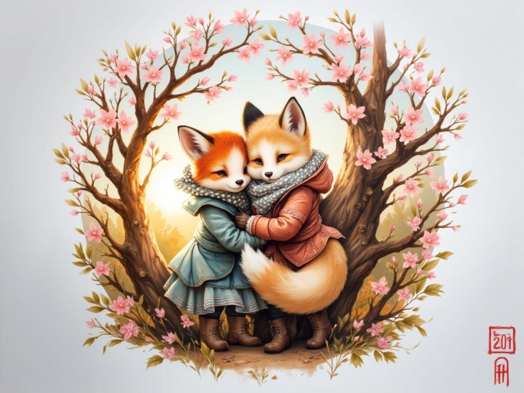 Fox Kits in Patchwork Jackets Under Cherry Blossoms