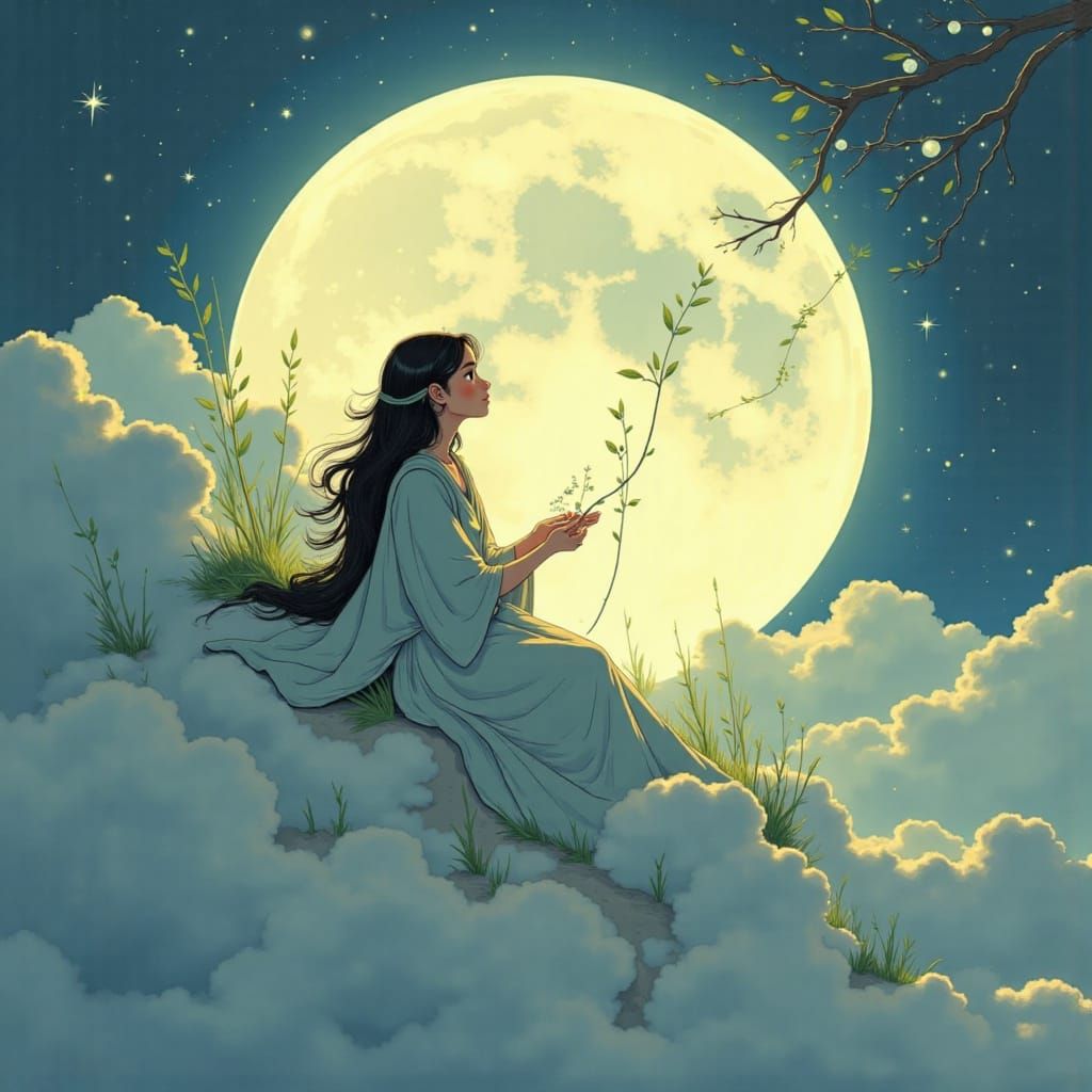 Woman Weaving Moon Threads on Cloud, Painterly Style