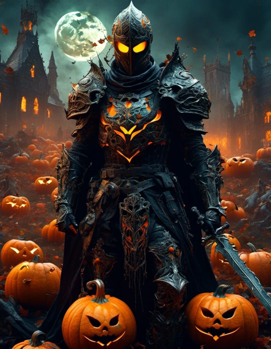 Pumpkin-Headed Halloween Knight in Graveyard