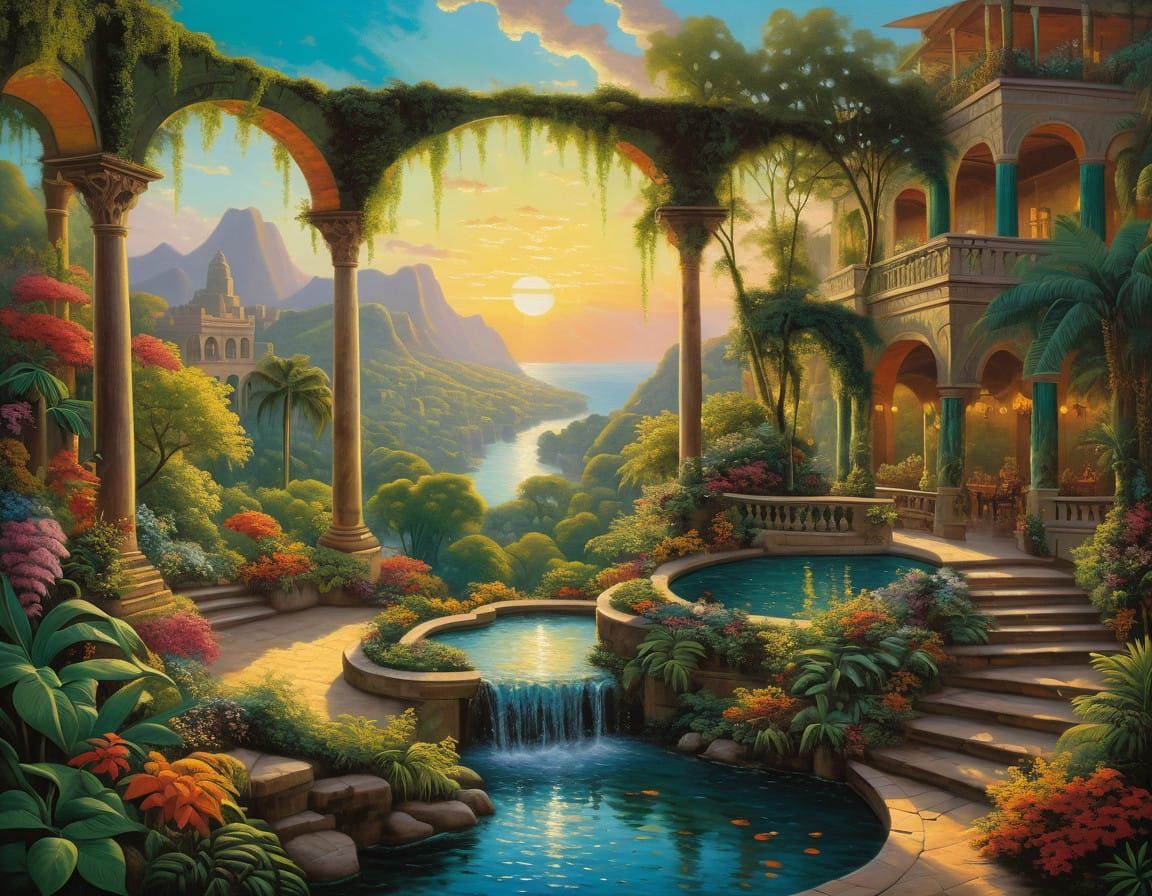 Lush Hanging Gardens of Babylon in Ancient Mesopotamian Styl...