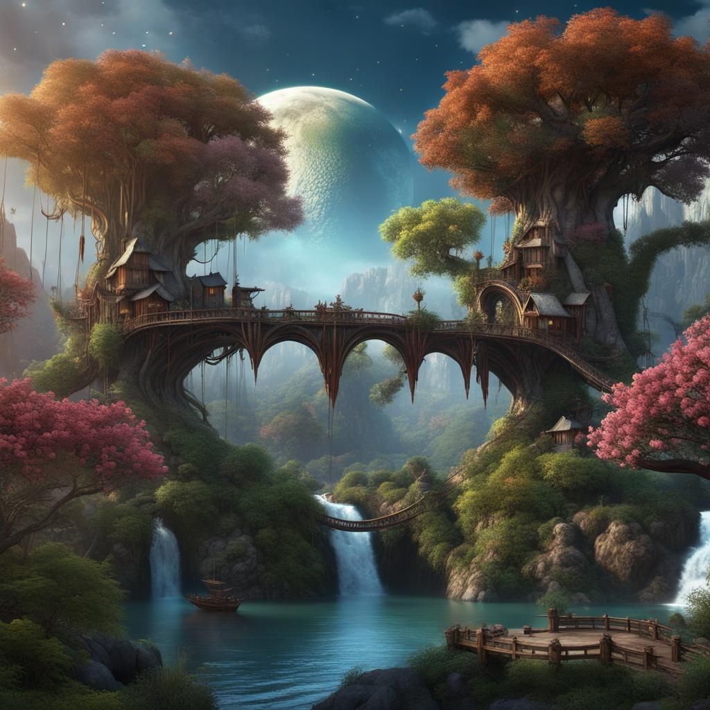 Dragon-Filled Alien World with Giant Apple Trees