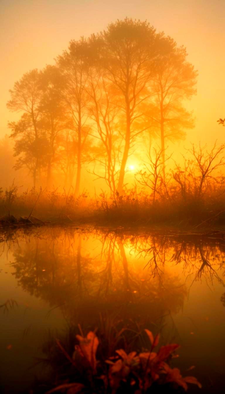 Peaceful Autumn Dawn in Fog: Realistic 8K Photo