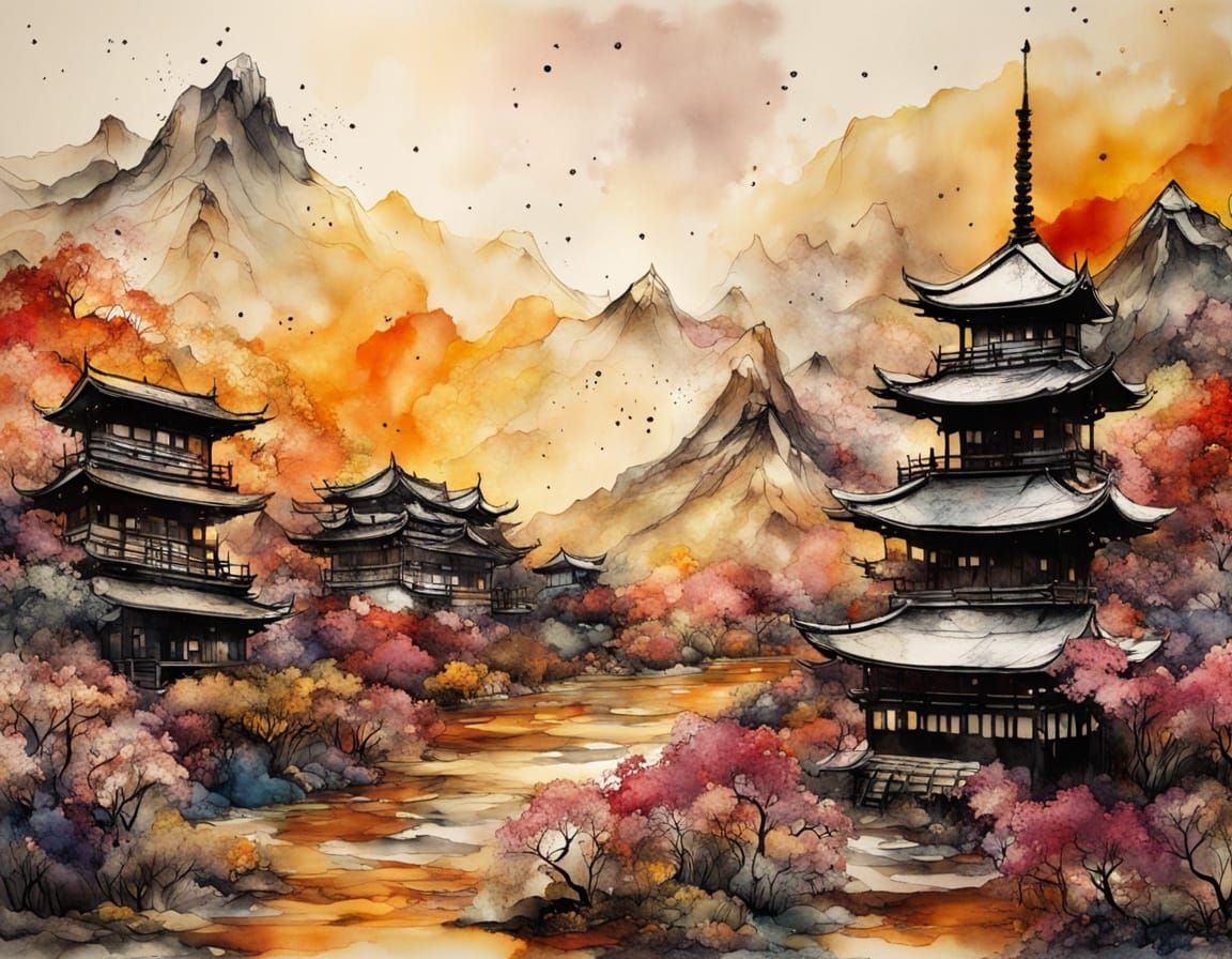 Futuristic Japanese Landscape in Warm Tones