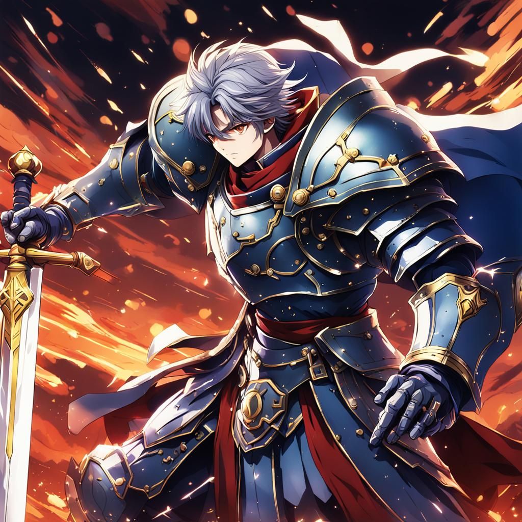 Anime Knight Resists Blazing Wind with Sword