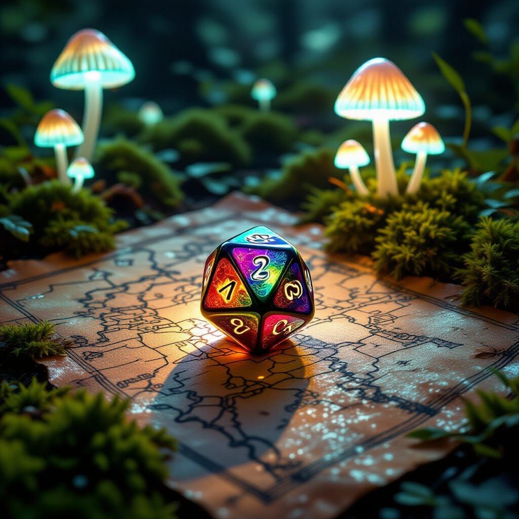 Bioluminescent Dice on Fantasy Map, Painterly Style