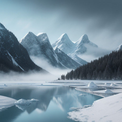 Majestic Snow-Capped Mountains Rise Above a Serene Frozen La...