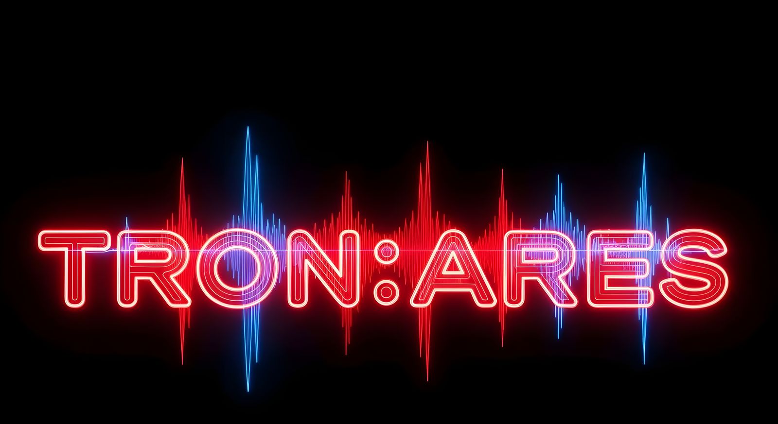 Neon Sound Waves Spell TRON:ARES in Synthwave Style