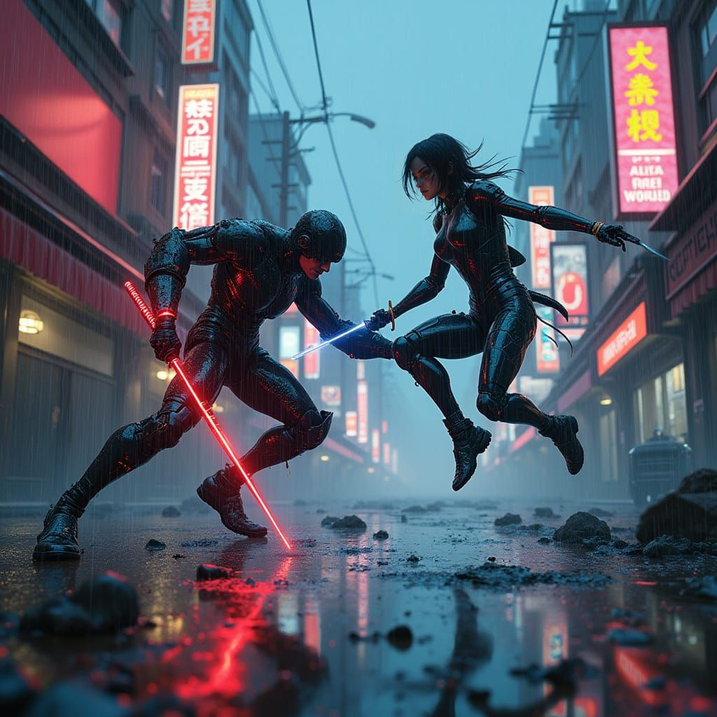 Cyberpunk Ninjas Clash in Rainy Neo-Tokyo
