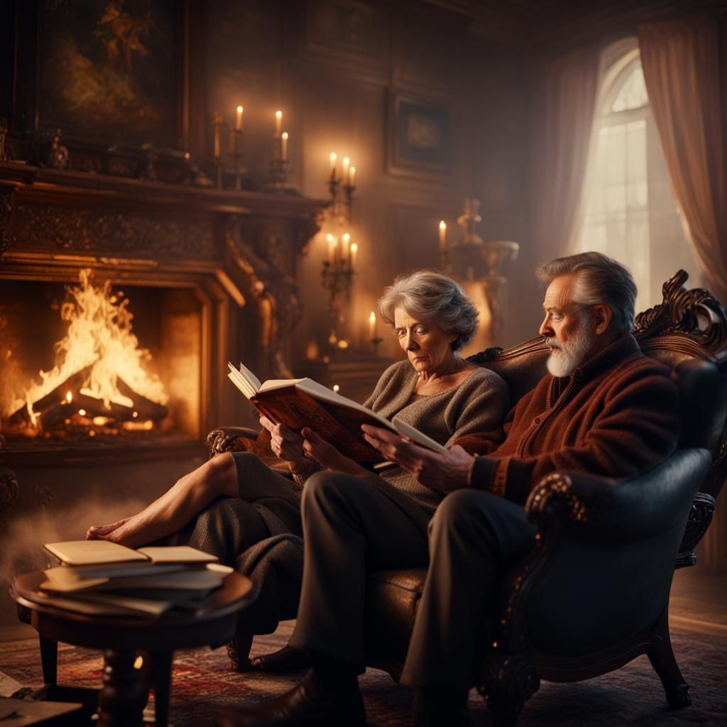 Cozy Evening: Couple Reading by Fireplace