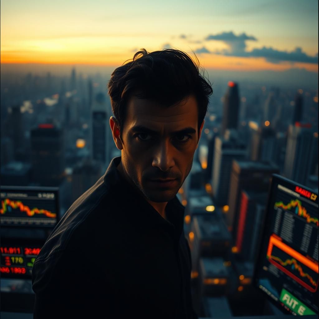 Day Trader in Cityscape: Cinematic Market Analysis