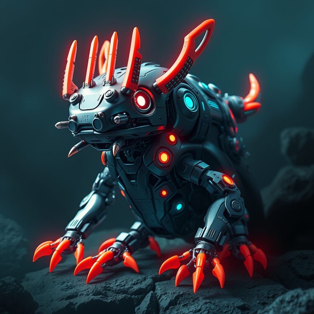 Cybernetic Axolotl Mech in Dark Underwater Scene