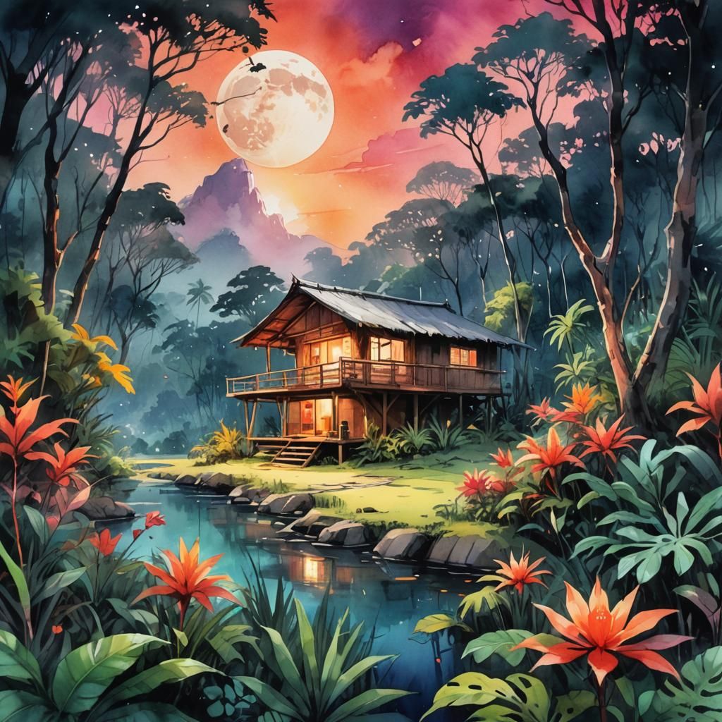 Jungle Hut in Watercolor Ink Under Moonlight