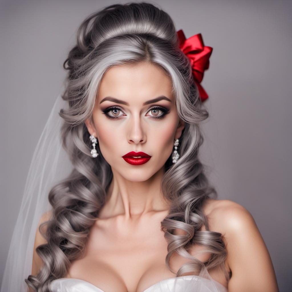 Stunning Woman with Grey Hair and Red Dress