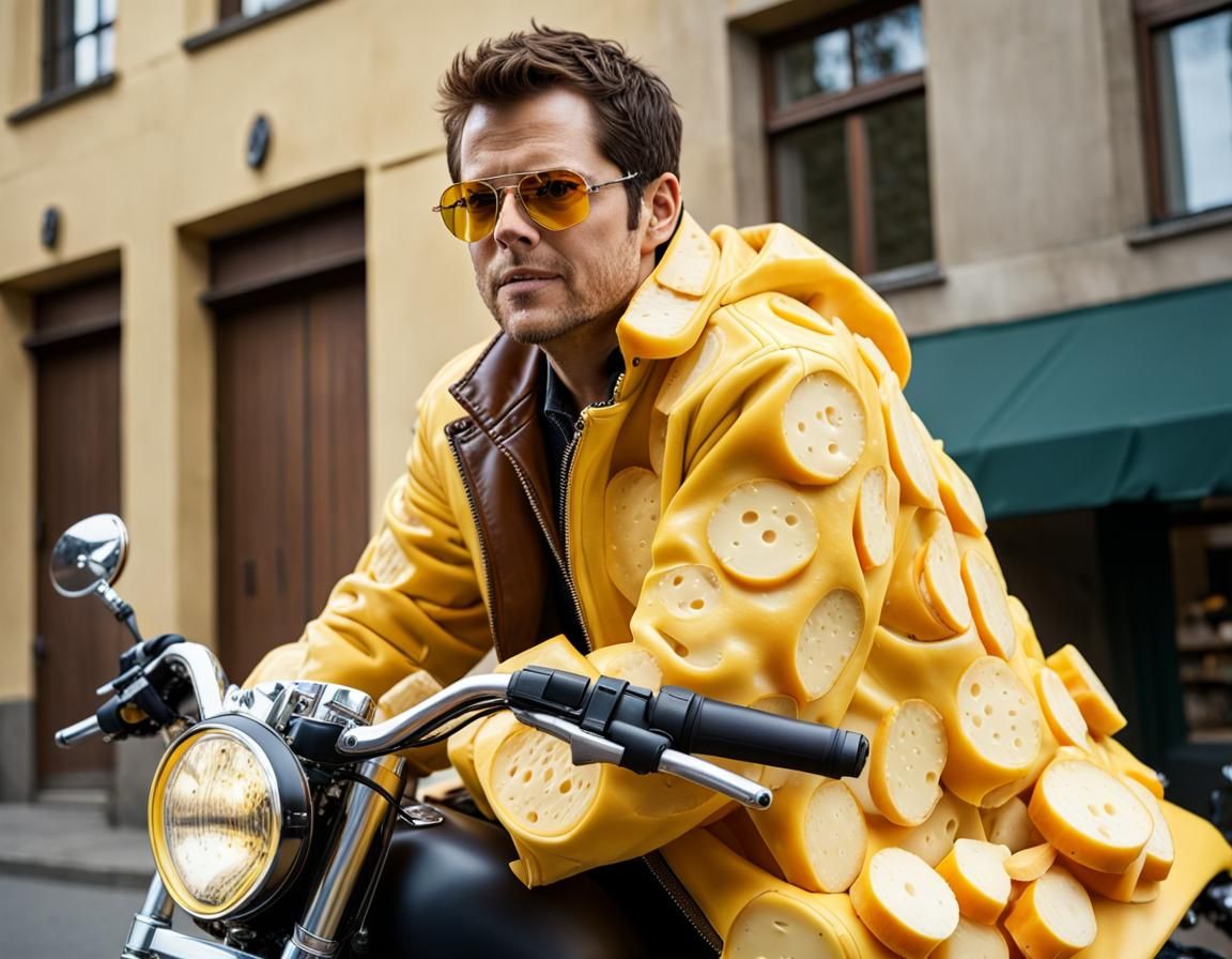 Misha Collins in Cheese Coat on Motorcycle
