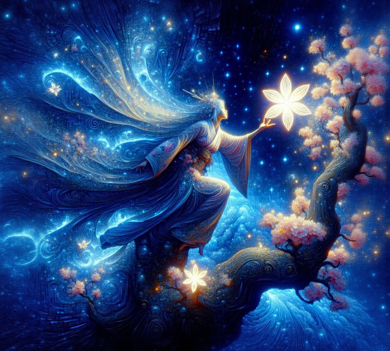 Japanese Goddess Climbing Blossom Tree in Fantasy Style