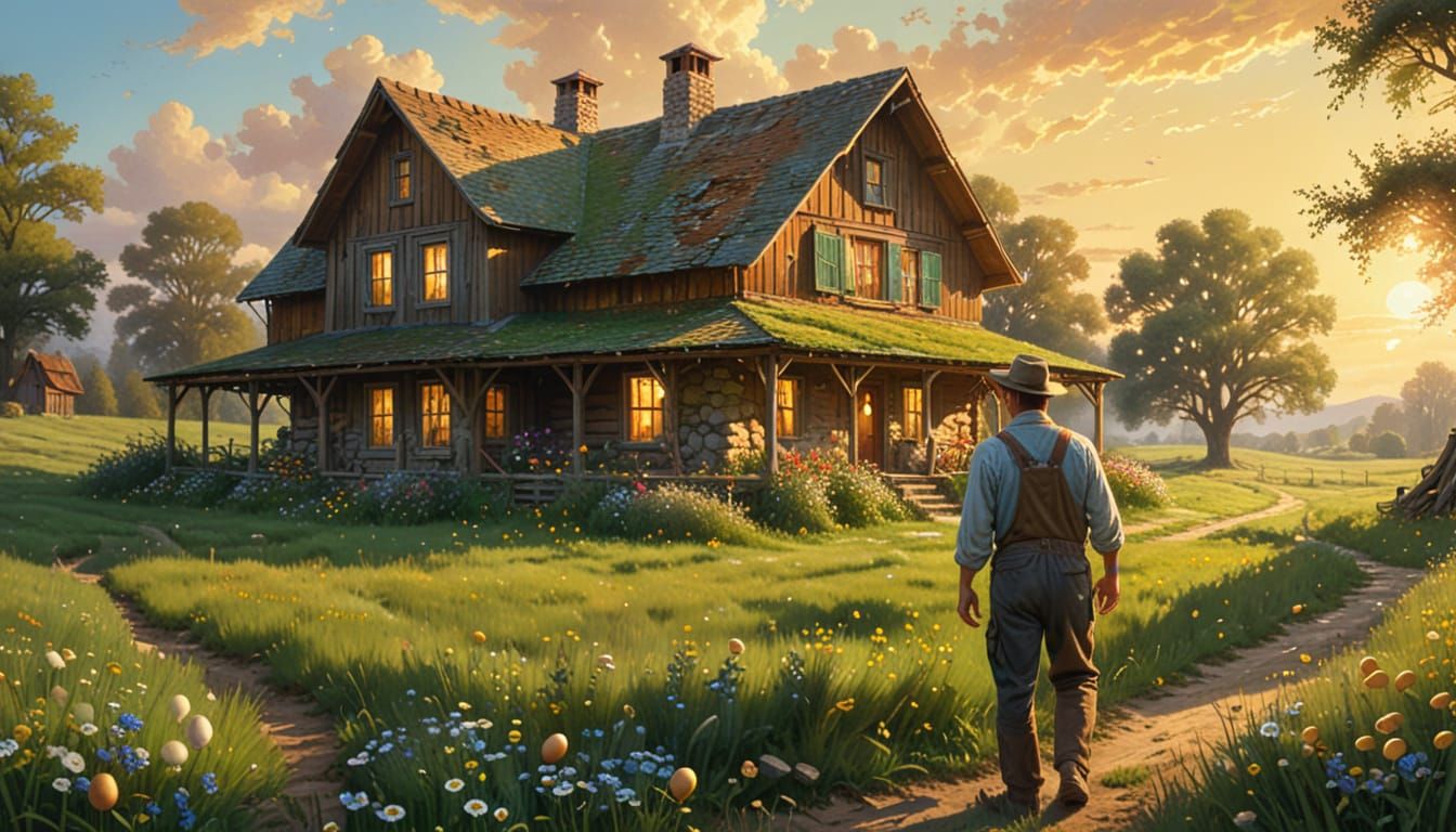 Rustic Farmhouse with Glowing Golden Eggs in Serene Sunlight