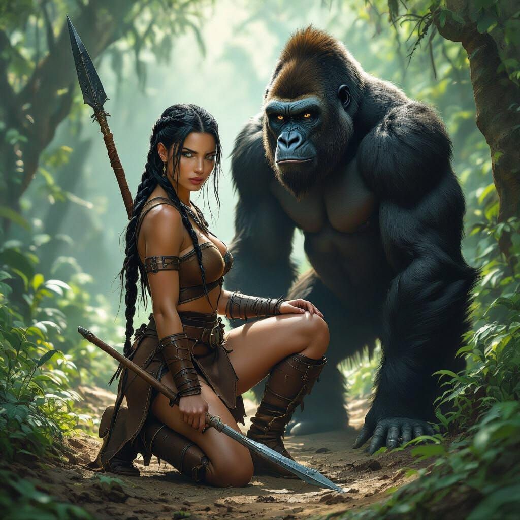 Jungle Woman with Gorilla in Photorealistic Style