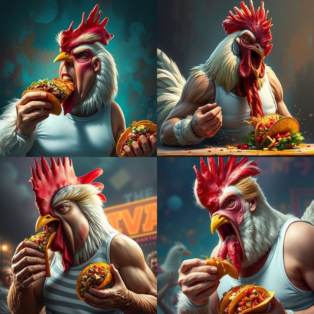 Trump as Giant Chicken Eating Tacos: Hyperrealistic Art