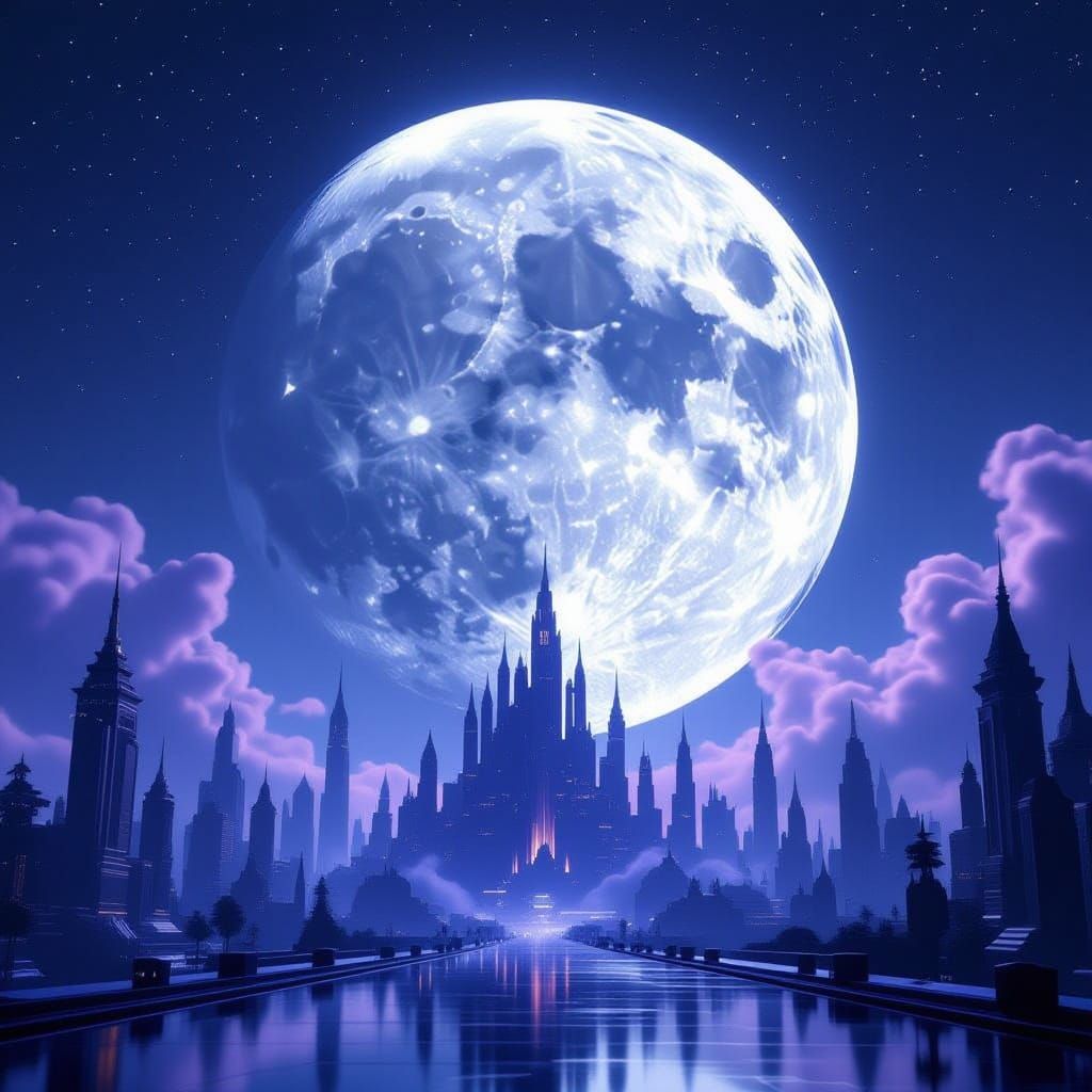 Colossal Full Moon Over Futuristic Sci-Fi Cityscape