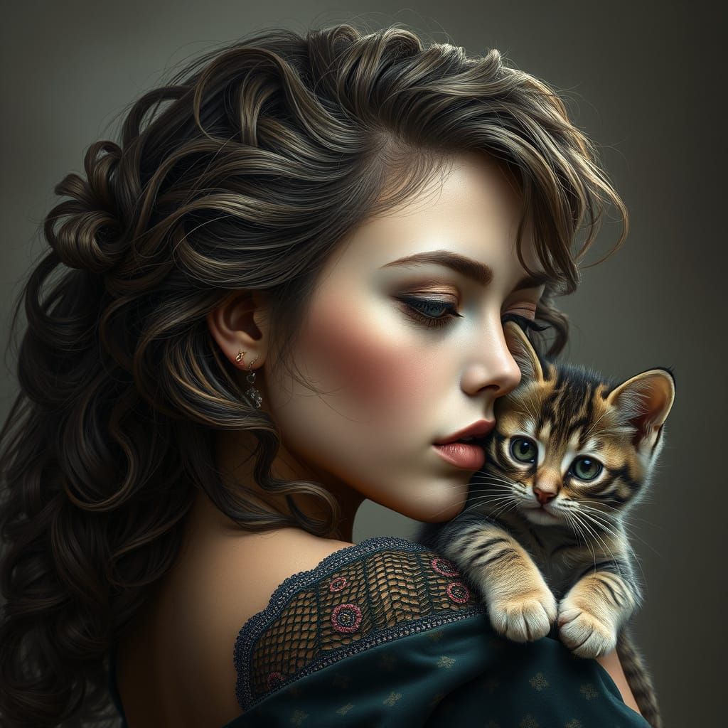 Hyperrealistic Portrait of a Woman with a Kitten