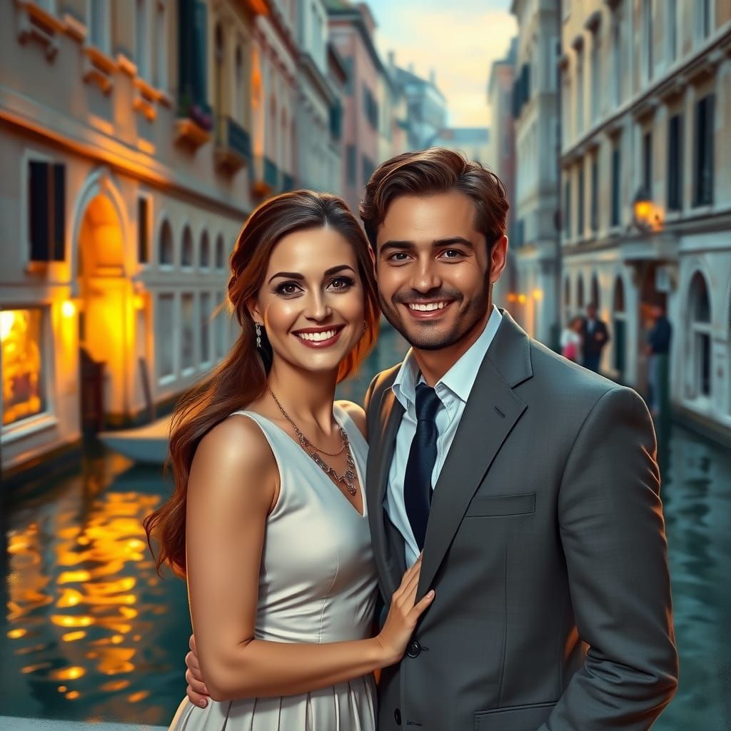 Couple in Elegant Venice Canal Scene, in the Style of Canale...