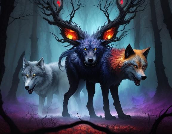 Surreal Three-Headed Wolf Portrait in Mystical Forest