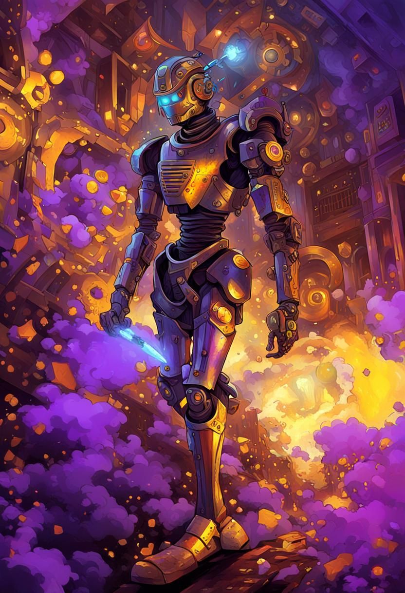 Steampunk Robot Soldier with Blade Arm in Dark Fantasy Art