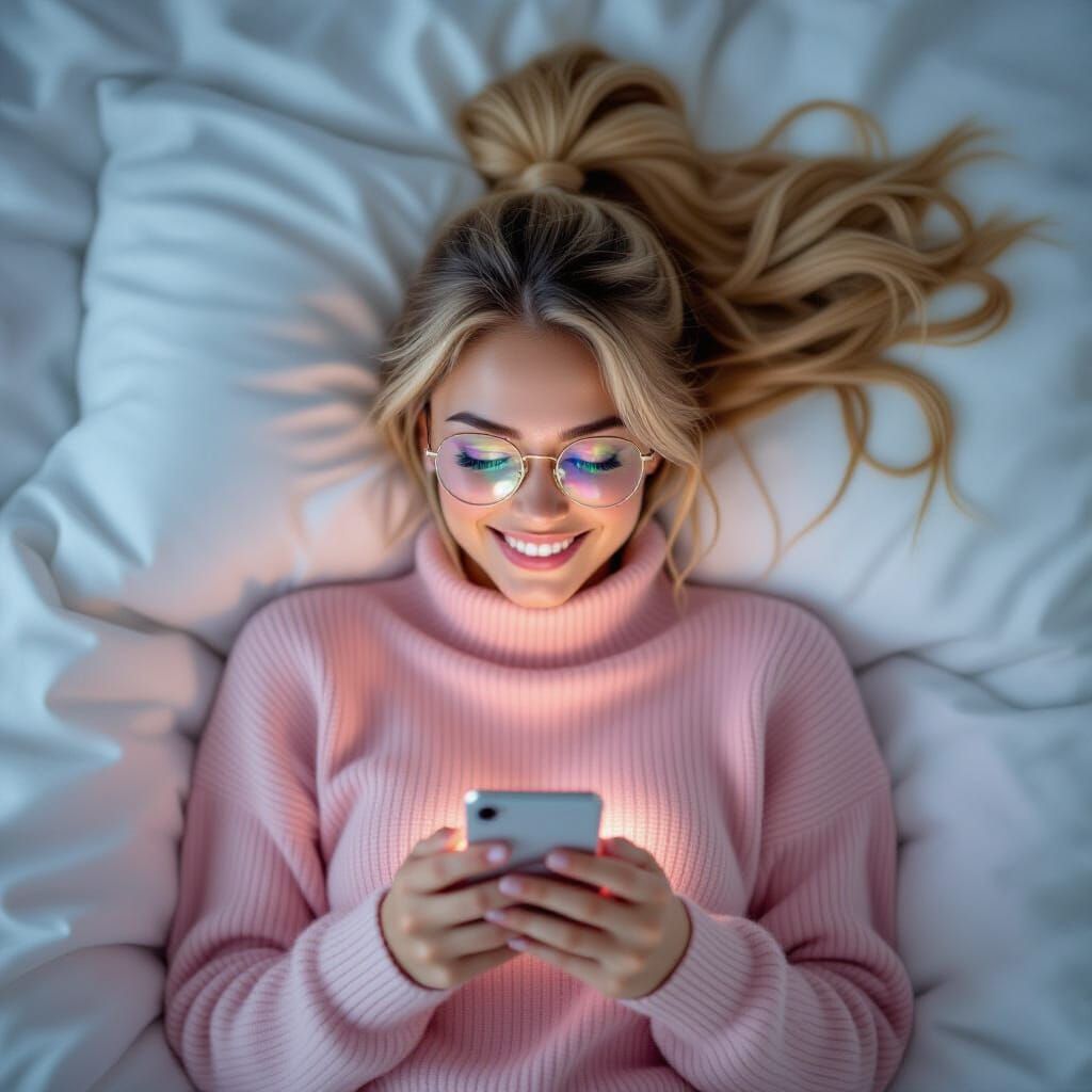Smiling Blonde with Smartphone: Aerial View