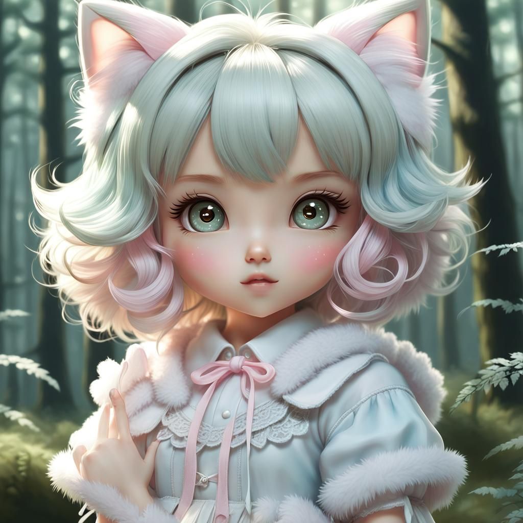 Pastel Neko Doll in Forest, Digital Art