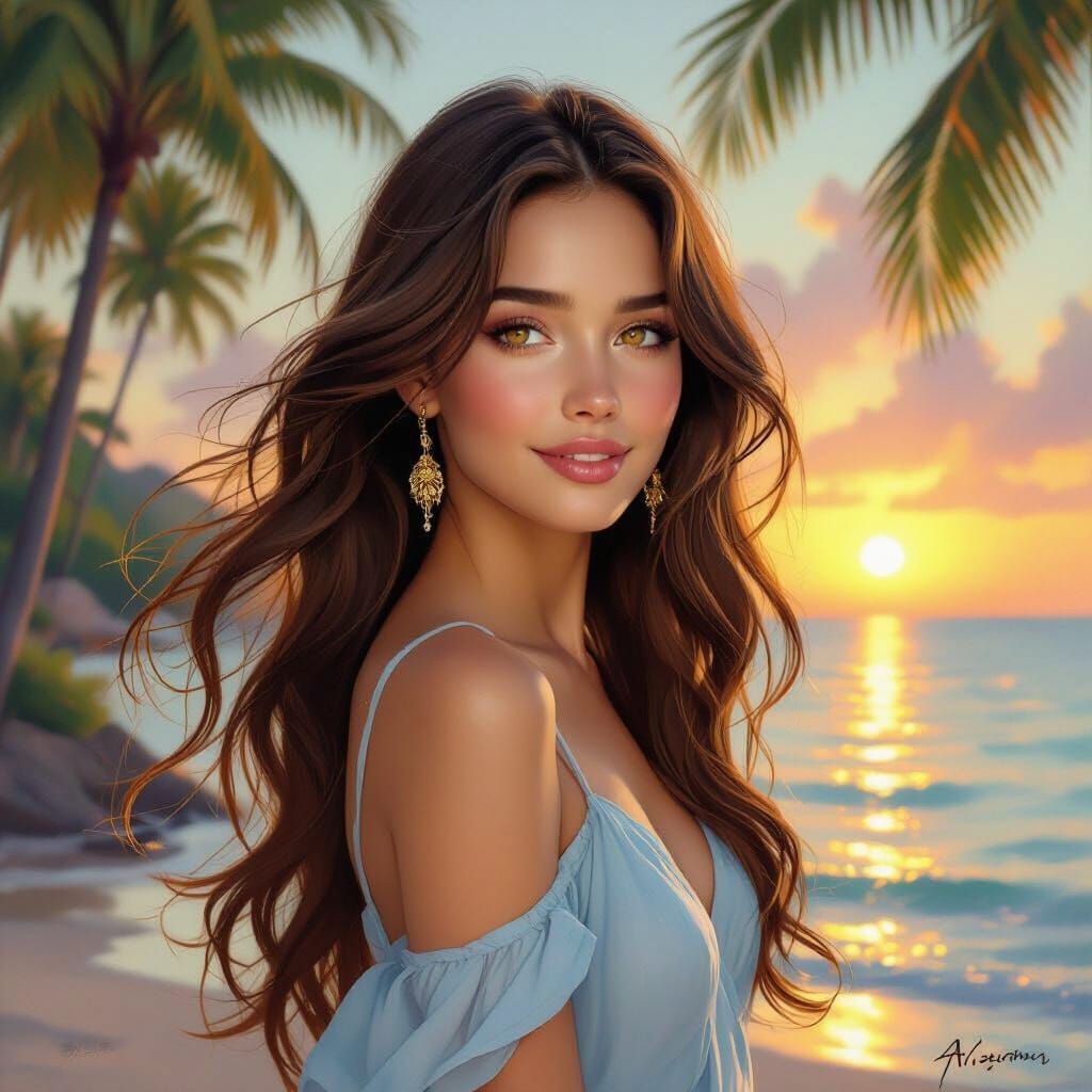 Woman with Flowing Hair by the Sea at Sunset Painting