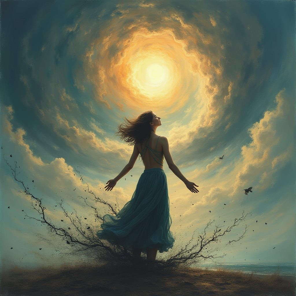 Woman Finds Inner Peace, Surrounded by Dissolving Emotions