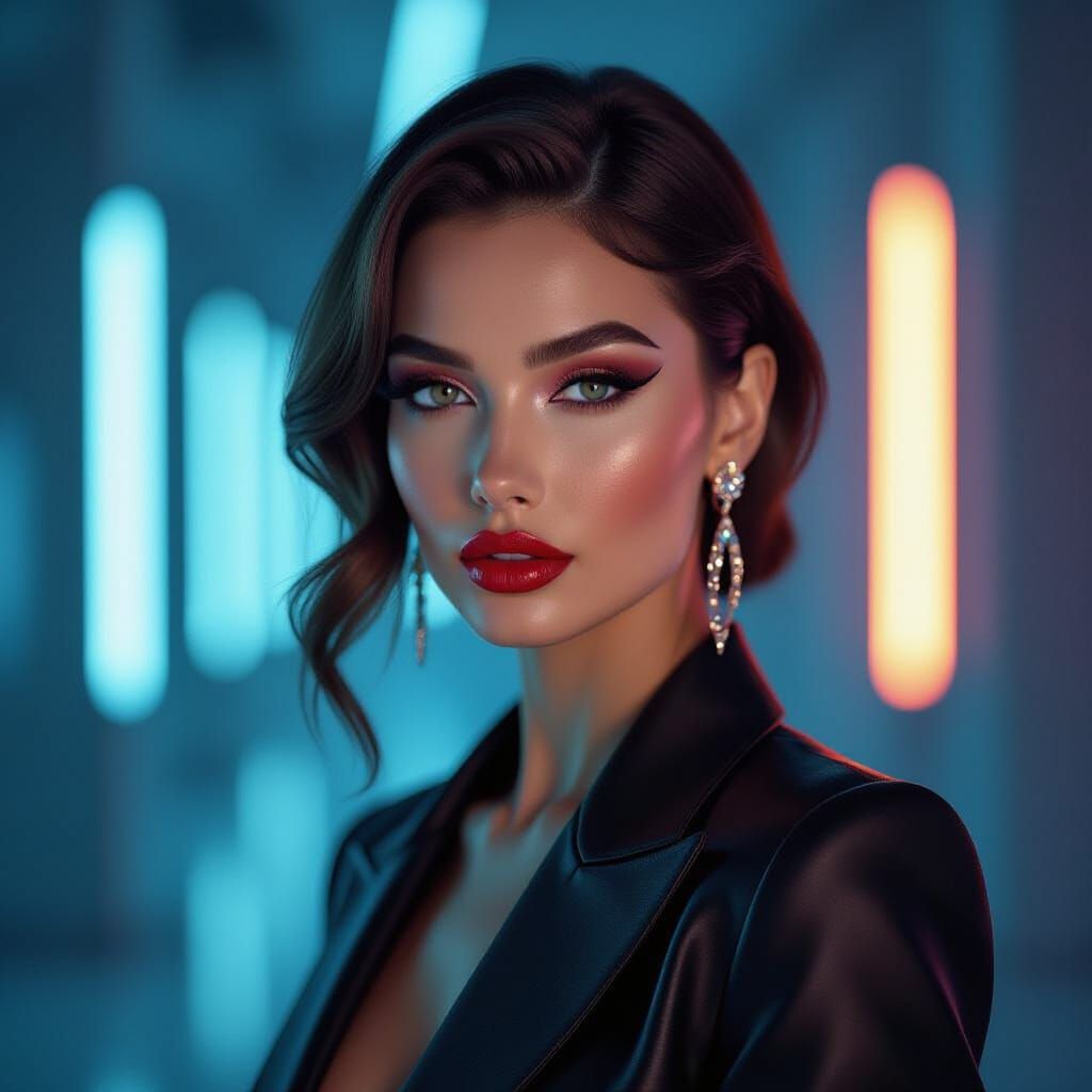 Glamorous Model in Modern Studio, Dramatic Makeup & Designer...