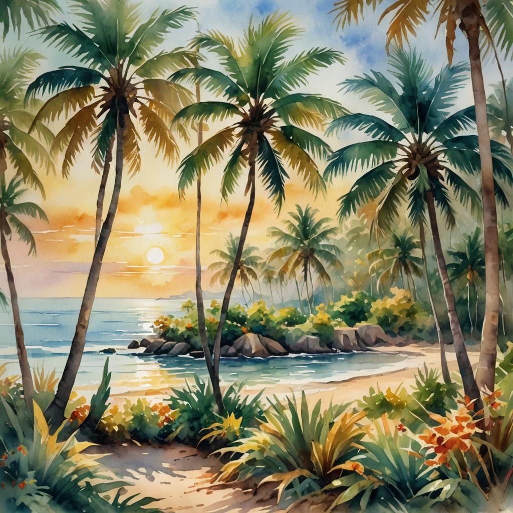 Tropical Paradise: Impressionist Watercolor Beach View