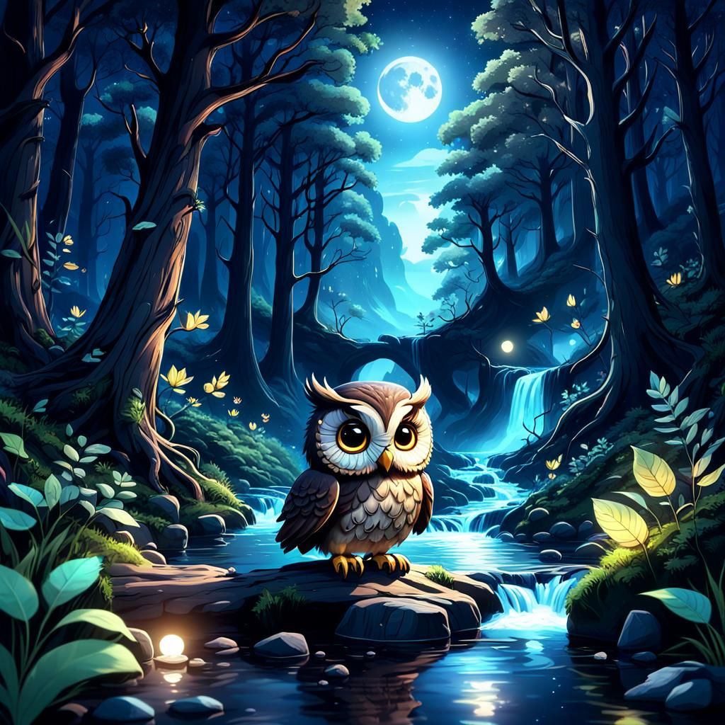 Chibi Owl in Moonlit Forest: Fantasy Concept Art