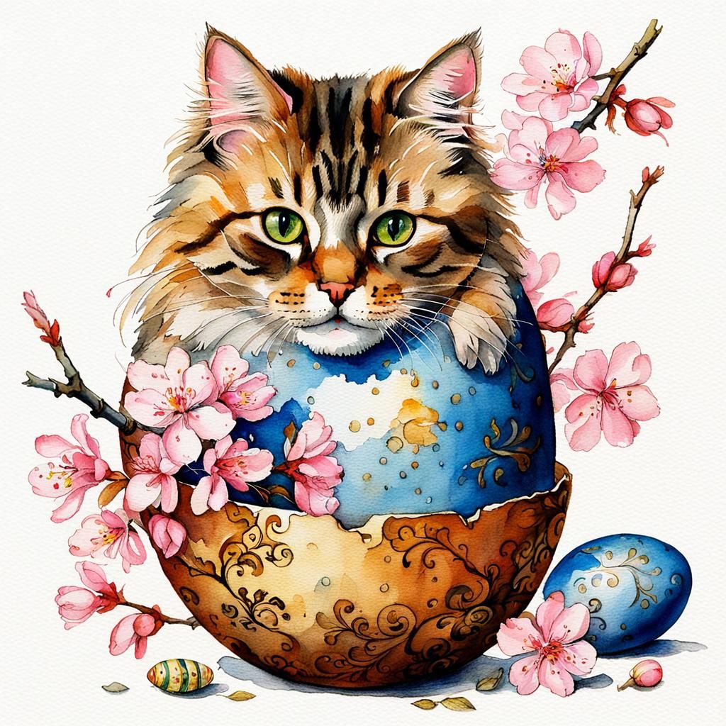 Cat Playing with Easter Egg in Dürer Watercolor