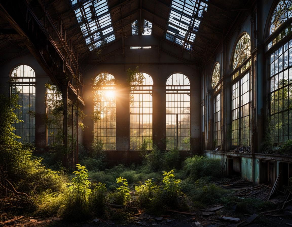 Abandoned Victorian Factory Interior at Magic Hour