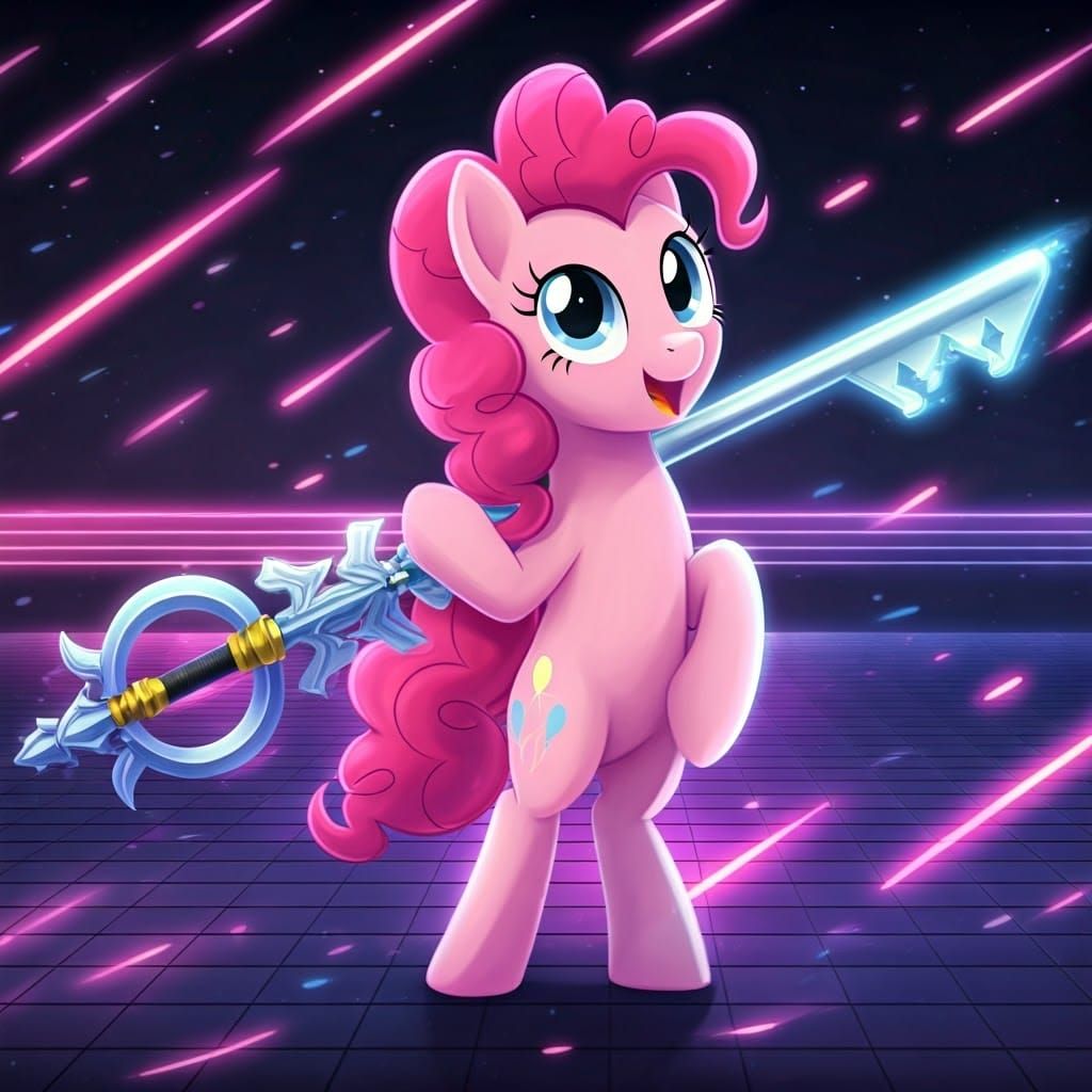 Ethereal Pony Warrior Wields Keyblade in Neon Dreamscape