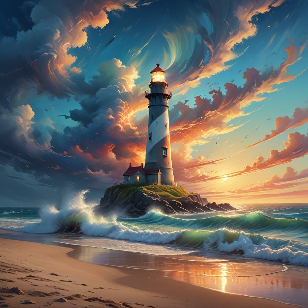 Surreal Lighthouse on Beach in Impressionistic Style