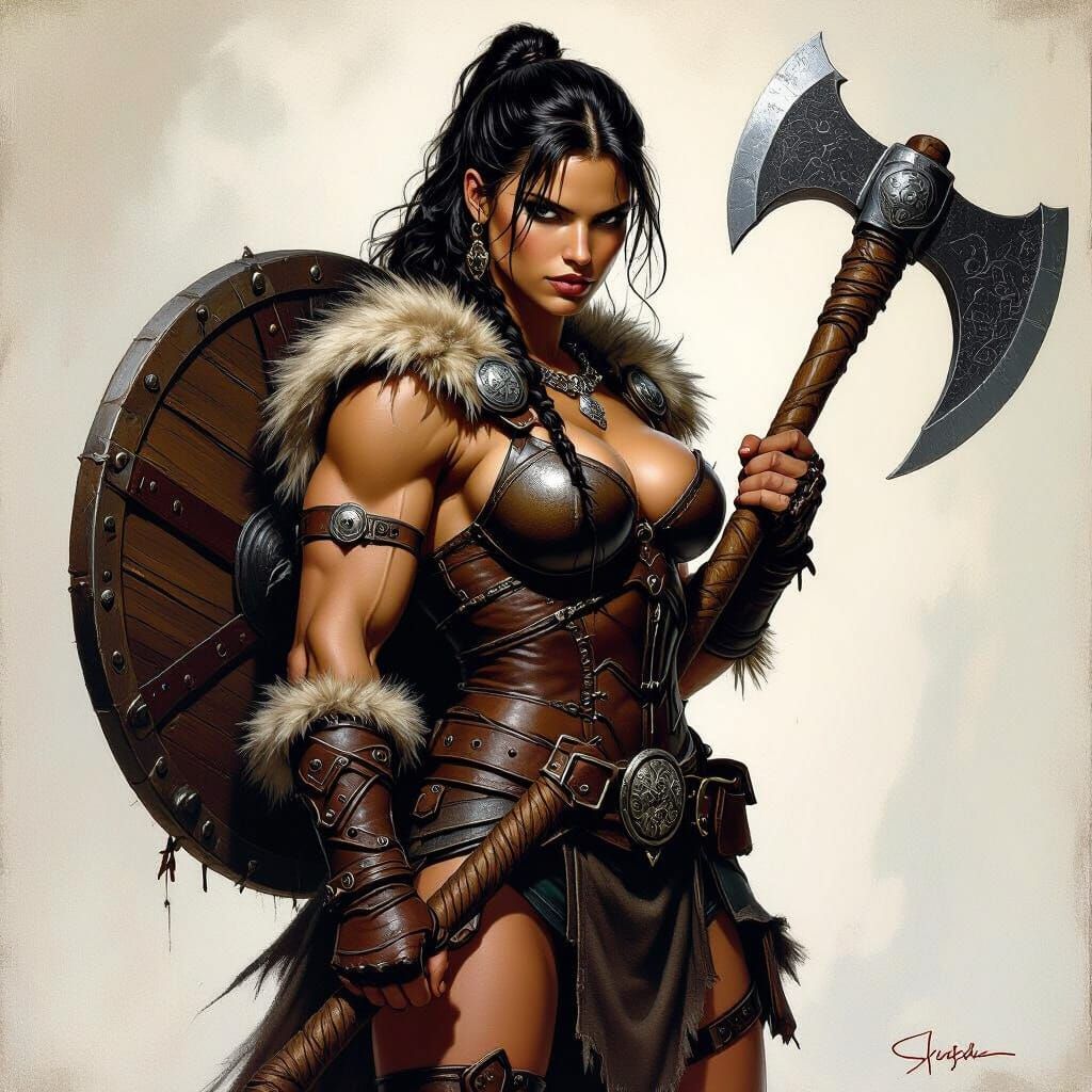 Fantasy Warrior Woman with Axe in Frazetta Style