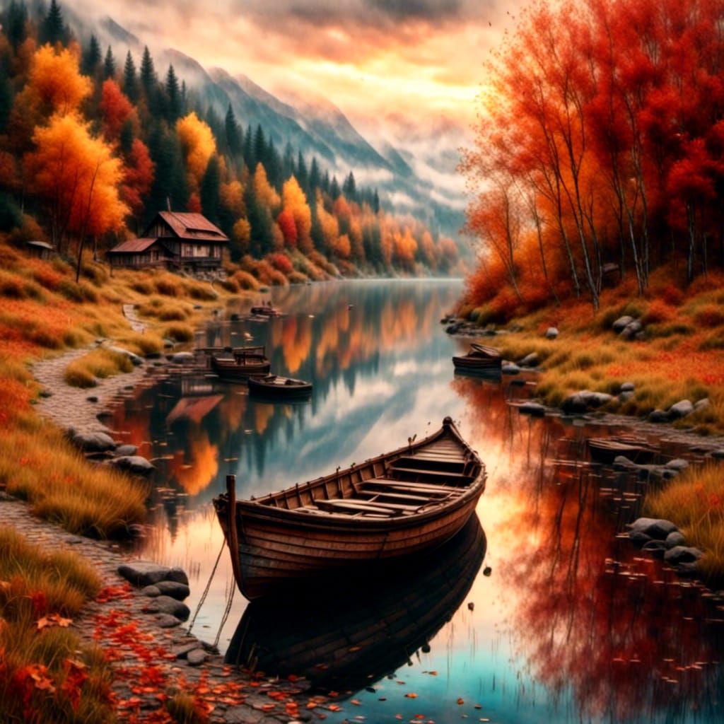 Autumn Fjord Sunset in Hyperrealistic Style