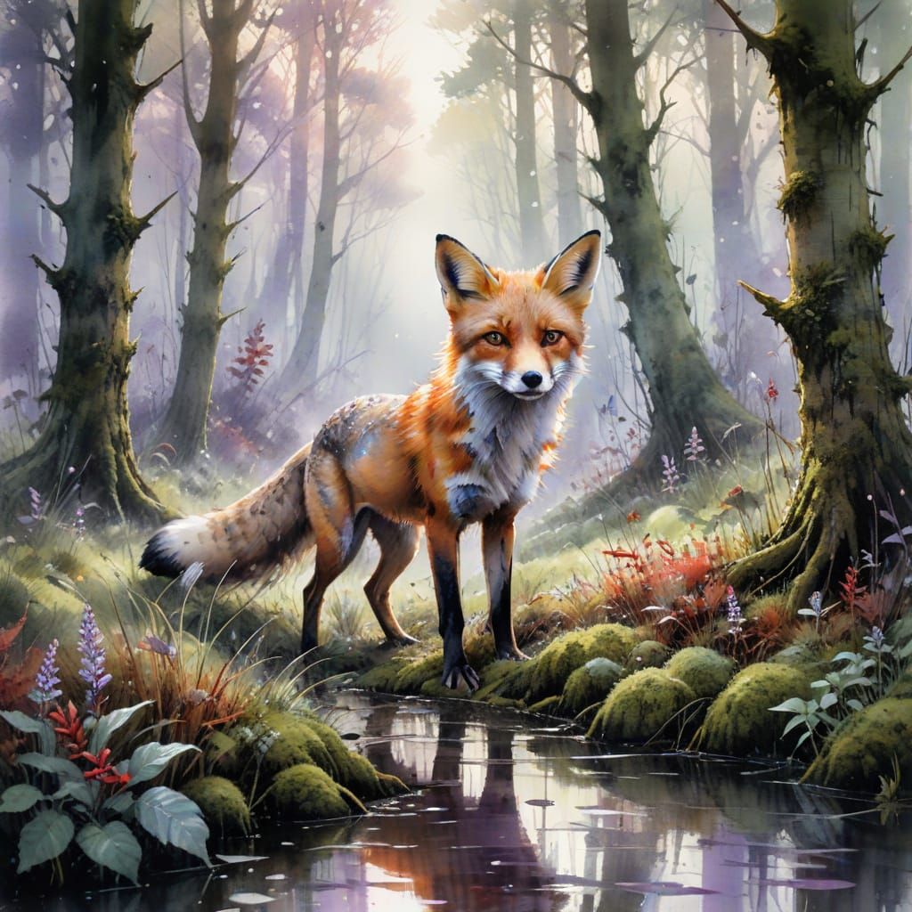 Red Fox in Misty Forest: Watercolor and Sumi Ink