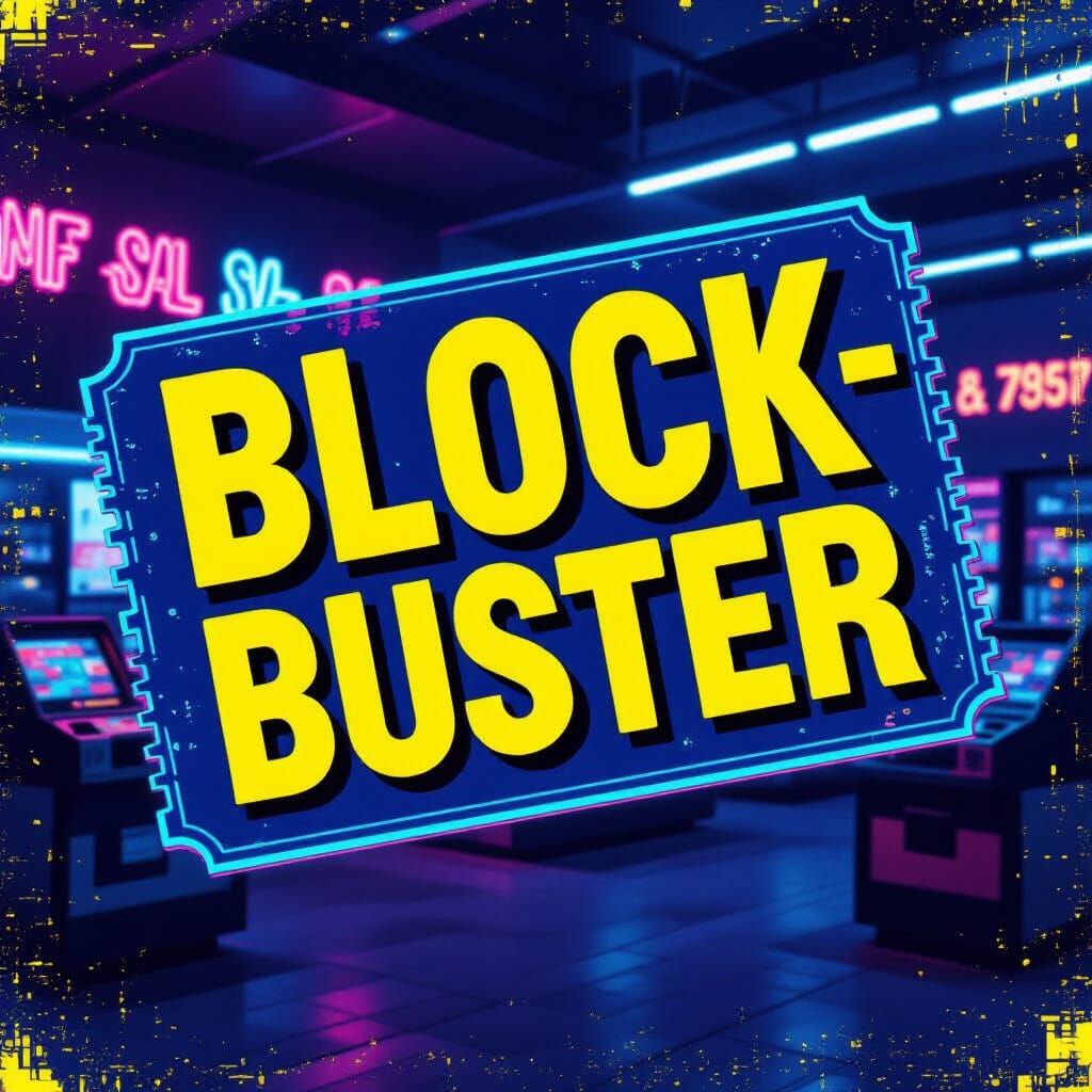 Retro Video Store Scene with Neon Glitch Logo