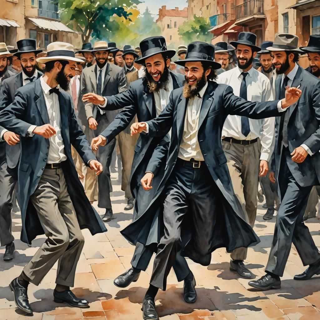 Hasidic Jew Dancing: Gouache Impressionist Painting