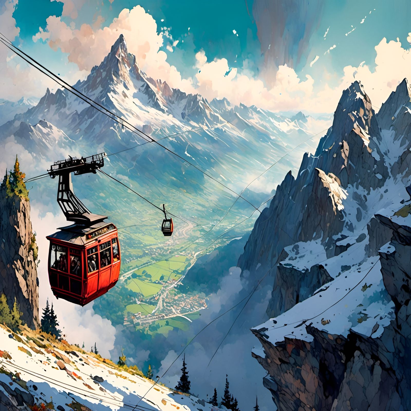 Watercolor - Switzerland's highest cable car to Klein Matterhorn in Zermatt (12,500 ft)