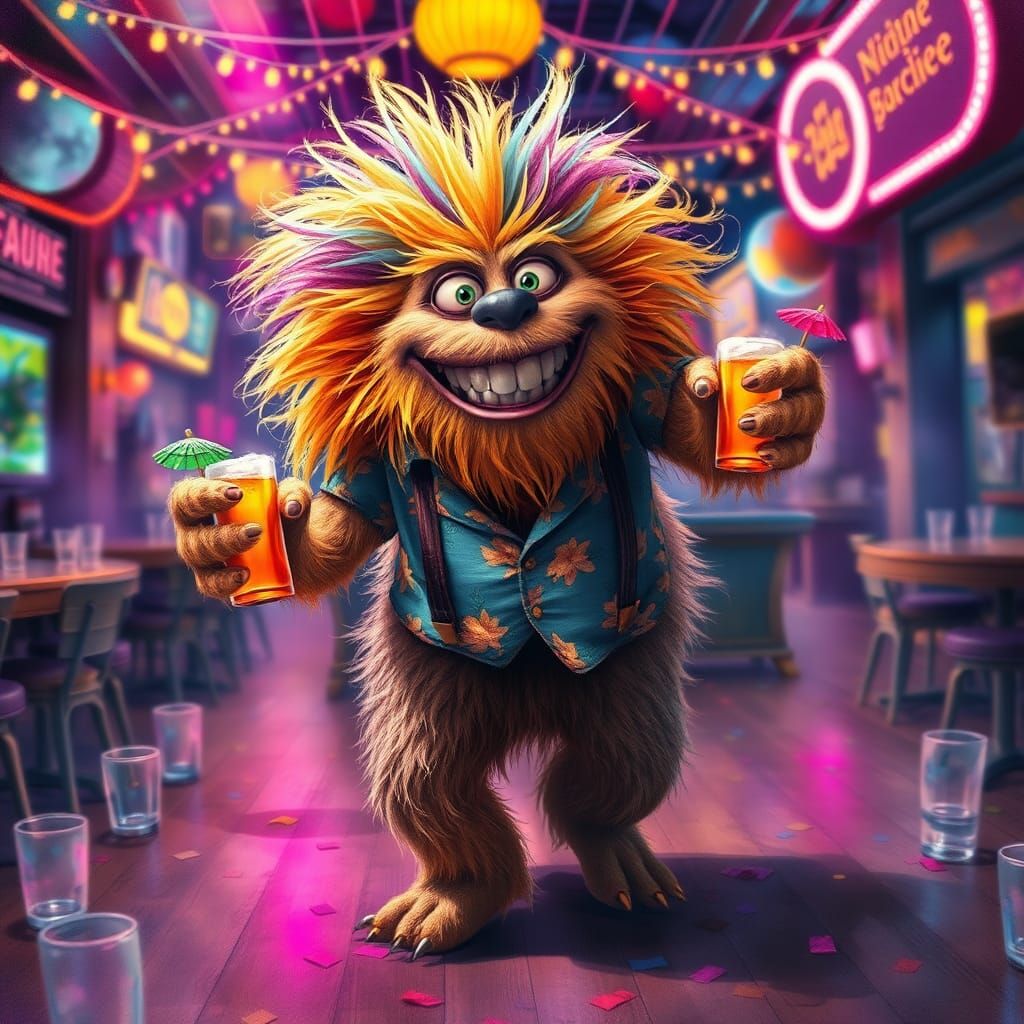 Joyful Furry Monster Dancing in a Lively Pub