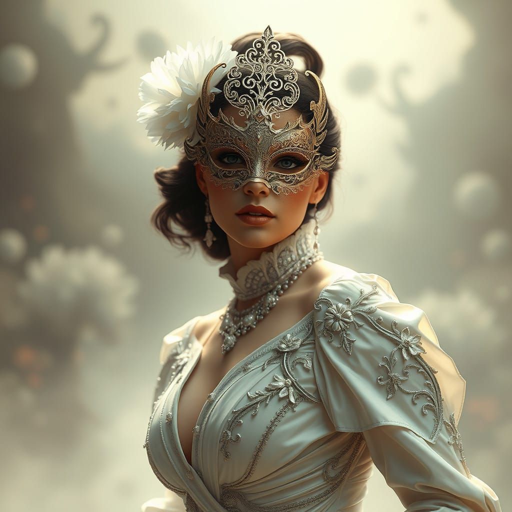 Luxurious Woman in Filigree Mask, Mysterious Nebula Backgrou...