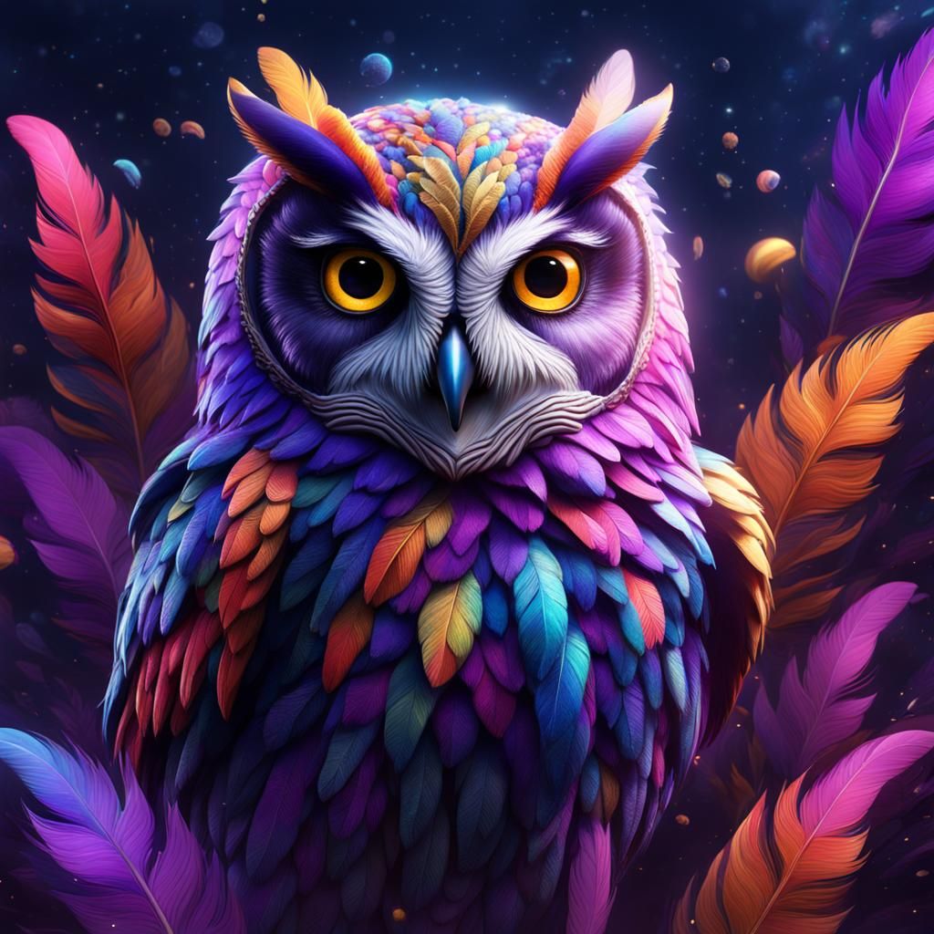Vibrant Multicoloured Owl with Stardust, Detailed Matte Pain...