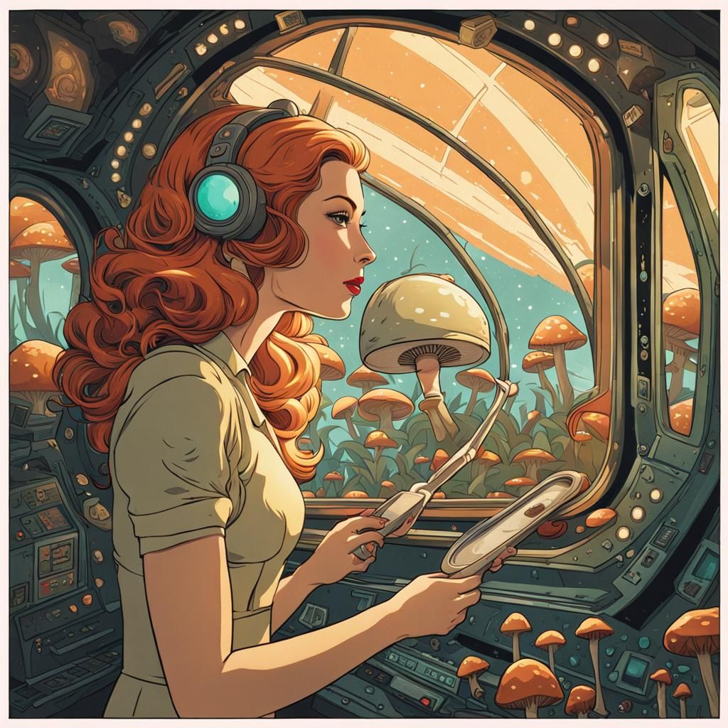 Decaying Retro Spaceship with Glowing Mushrooms